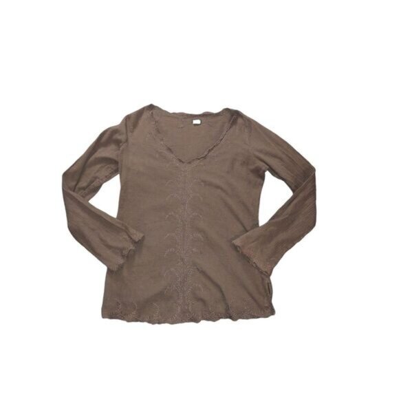 J.Crew Womens Brown Embroidered V Neck Top L Long Sleeve Boho Cottagecore Vibe - Picture 1 of 7
